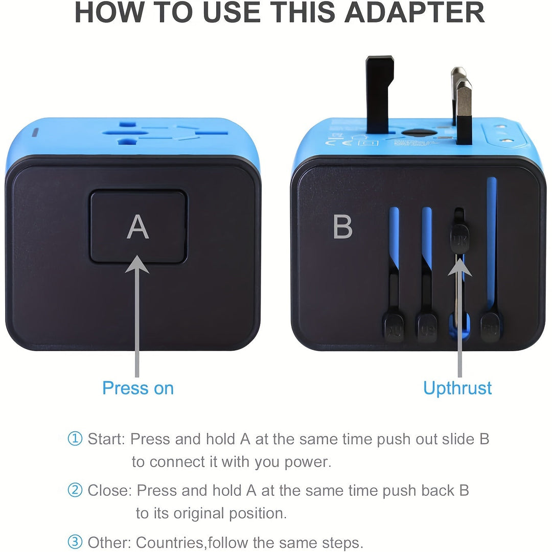 Compact international travel plug adapter with fast USB & Type-C for all your devices.