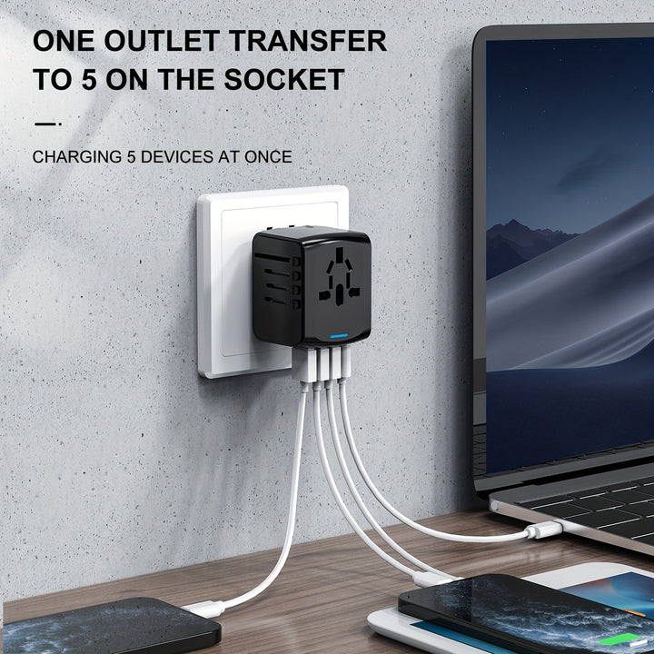 Universal travel charger with US, UK, EU, AU plugs & fast USB-C ports for global power.