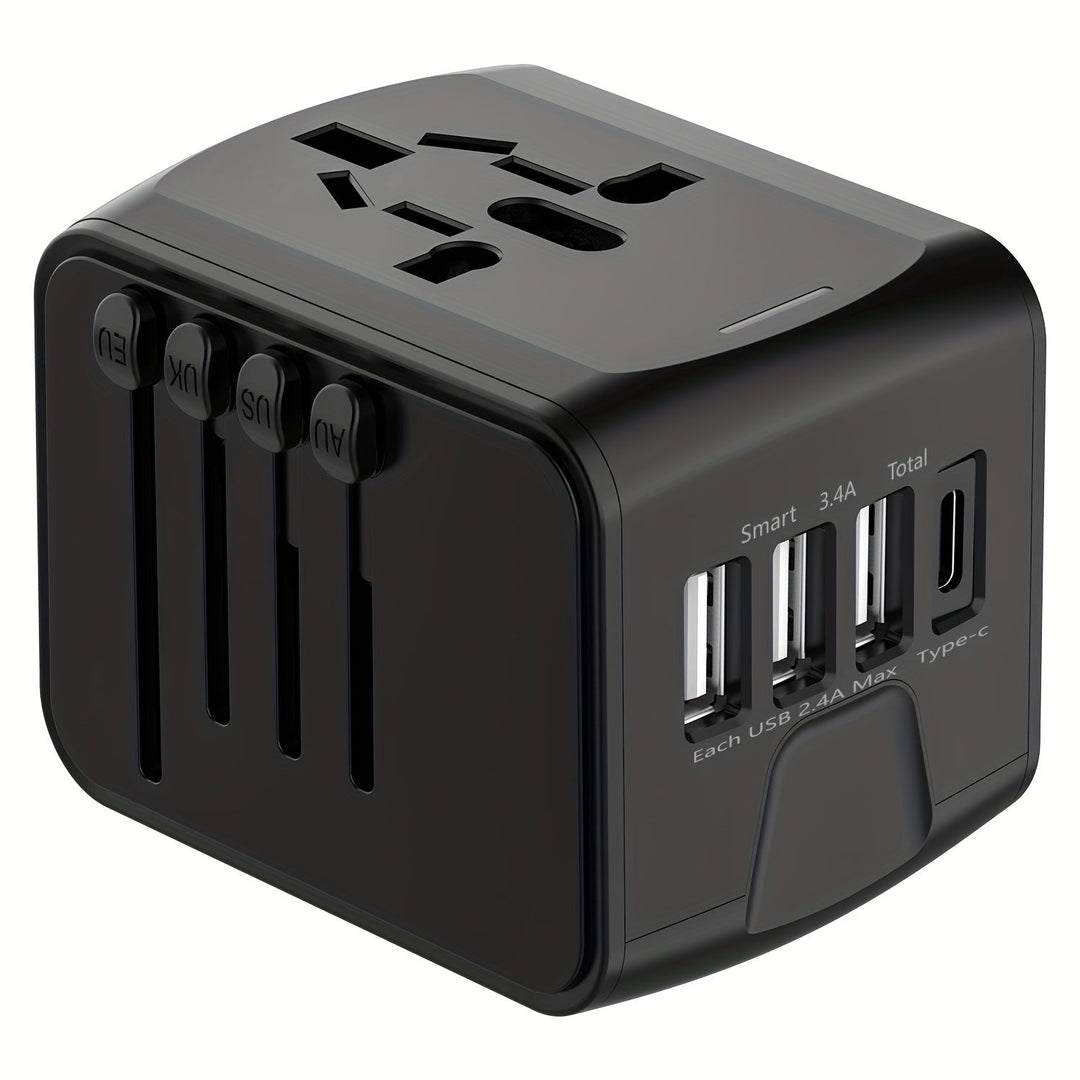 Modern global travel adapter with Type-C and quick charge USB ports for international travelers.