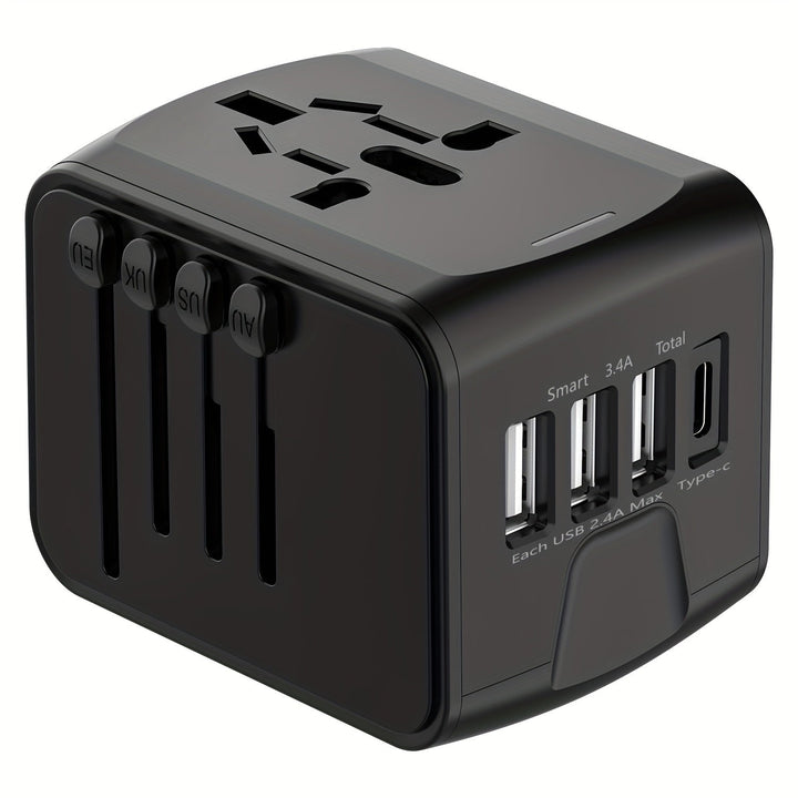 Modern global travel adapter with Type-C and quick charge USB ports for international travelers.