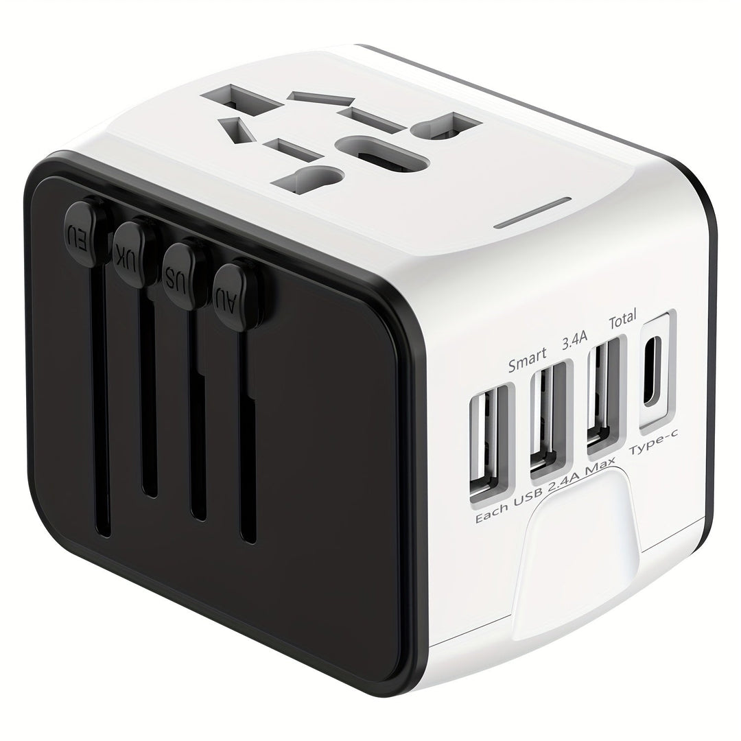 Versatile international power adapter with USB & Type-C, perfect for charging devices worldwide.