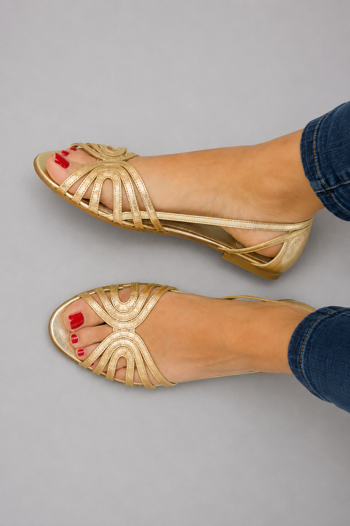 Effortless golden slip-on sandals for women, offering comfort & style for summer, vacation, and fashion outfits.