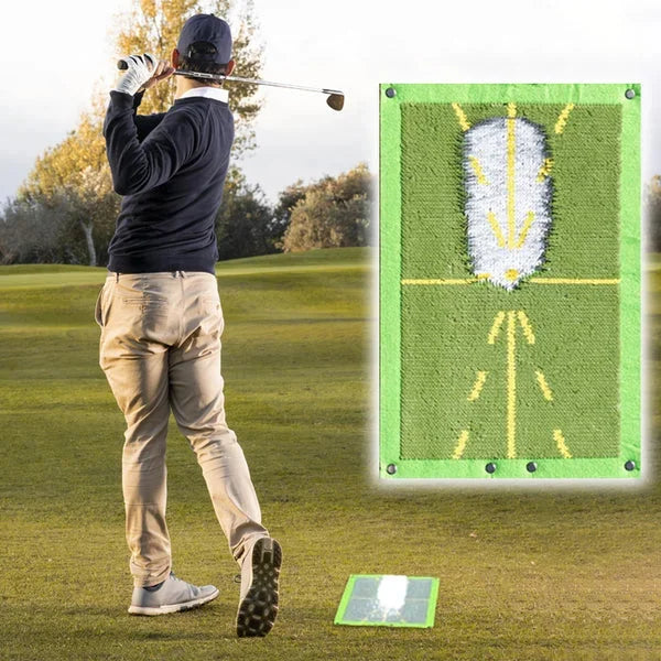 Golf training mat with swing analyzer for divot analysis and practice. Improve your golf swing with this durable sports equipment.