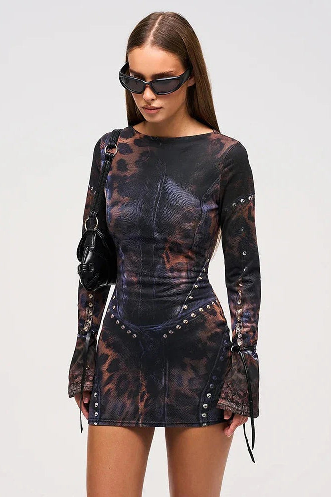 Gothic leopard print mini dress with long sleeves for women's edgy fashion.