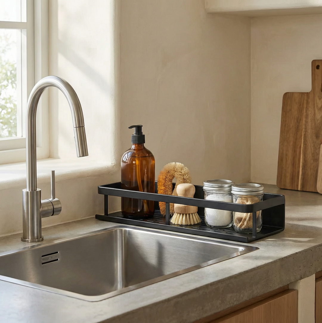 Gray metal kitchen wall shelf with hooks, perfect for space-saving organization & spice storage.
