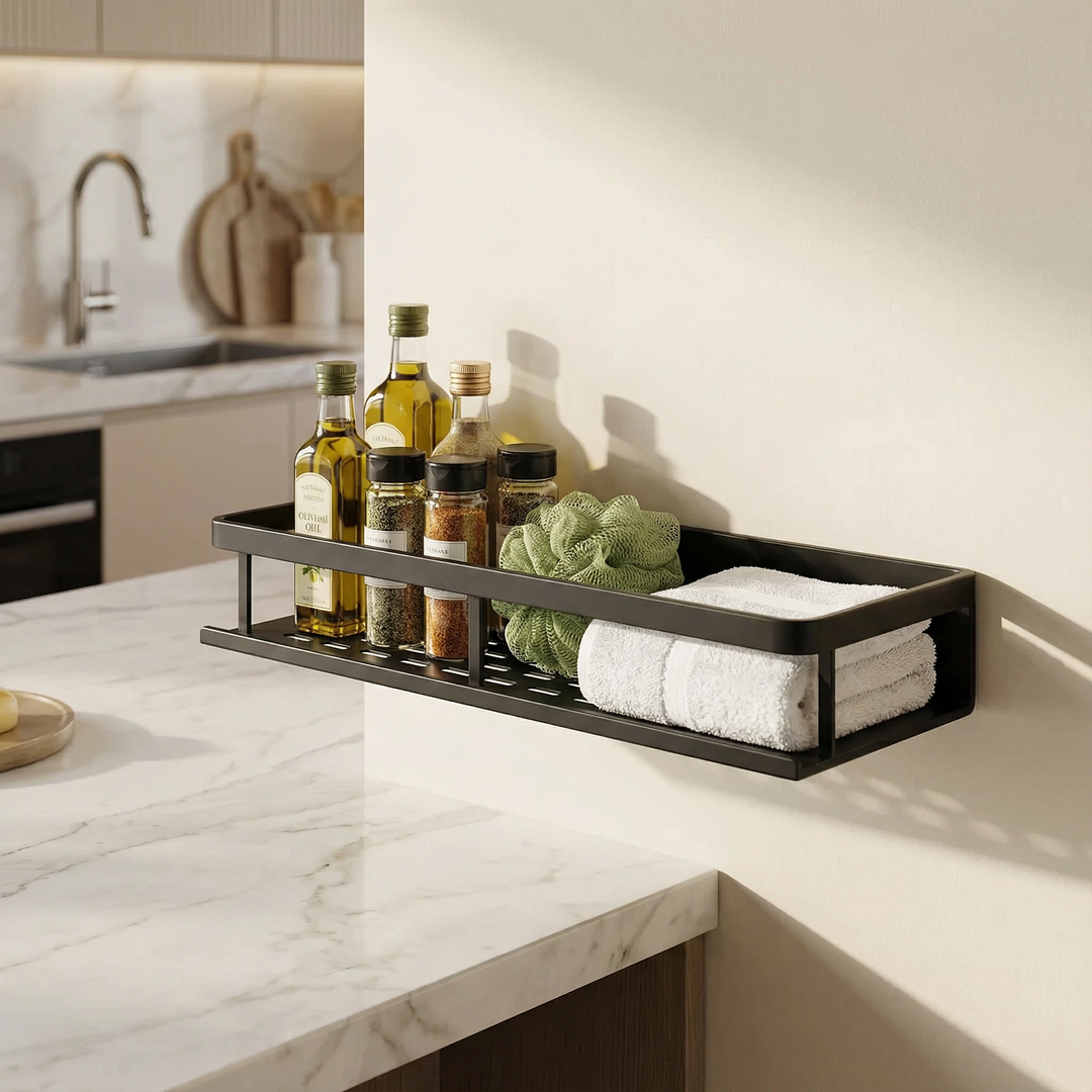 Modern gray metal kitchen utility shelf with 6 hooks, ideal for spice jars, utensils & wall storage.