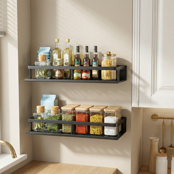 Organize your kitchen with this gray metal spice rack and utensil holder, a space-saving wall storage solution.