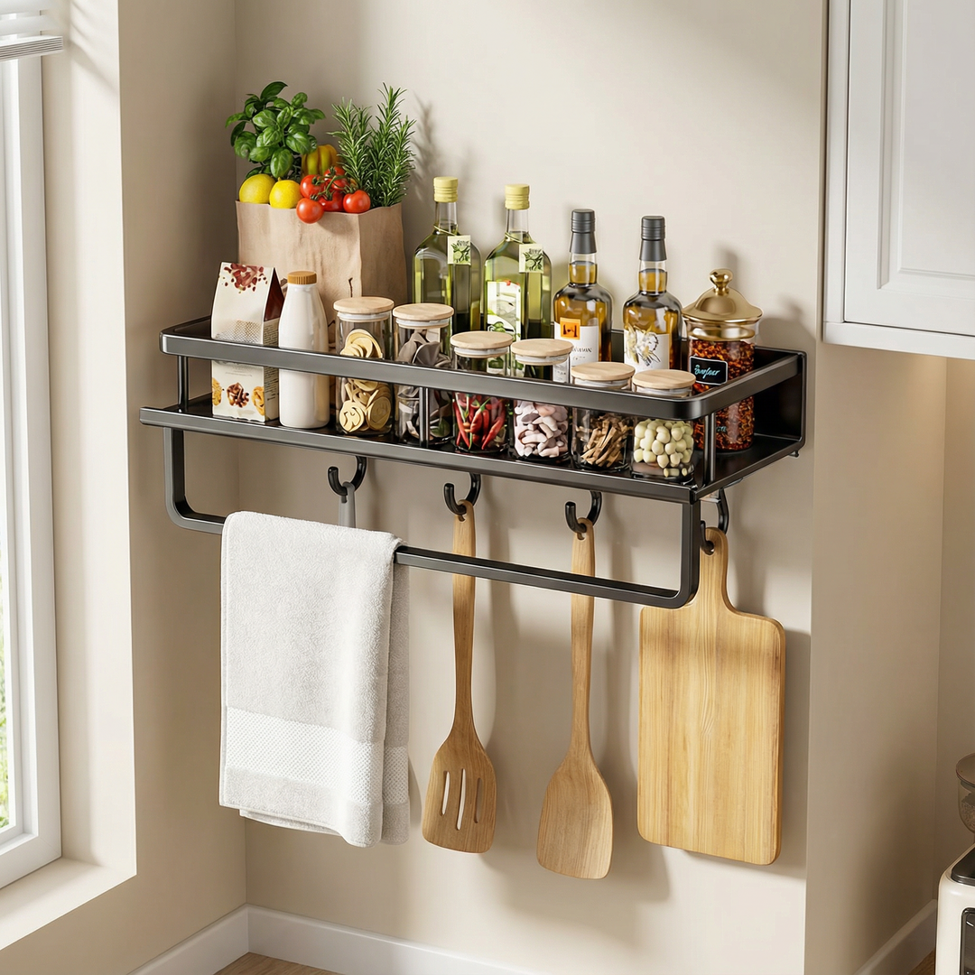 Durable gray metal kitchen organization shelf featuring an upper rack and convenient lower hooks for essentials.