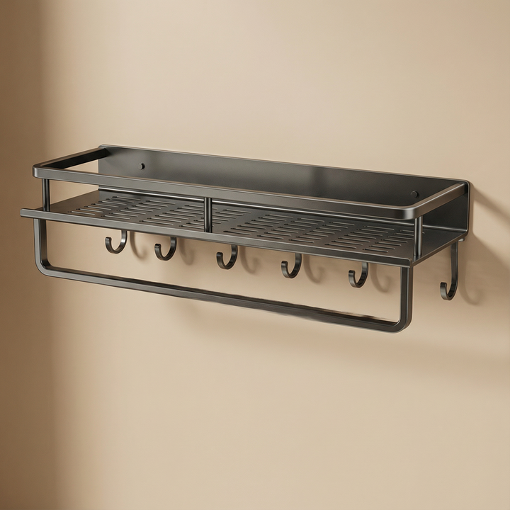 Practical gray metal storage rack with hooks, suitable for kitchen spices, tools, and versatile home organization.