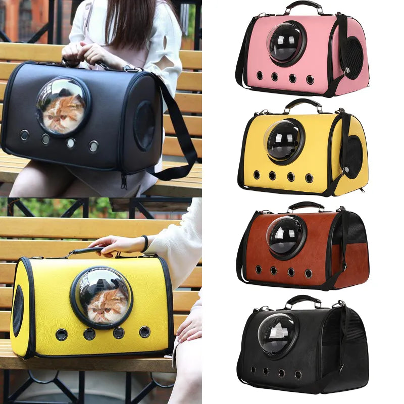 Gray pet carrier for small dogs & cats. Features transparent viewing window & ventilation for car travel.