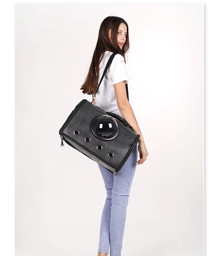 Compact pet carrier for car use, suitable for small dogs & cats, with viewing window & airflow.