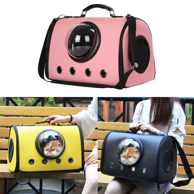 Gray portable pet carrier for small pets. Features transparent window & ventilation for comfortable car travel.