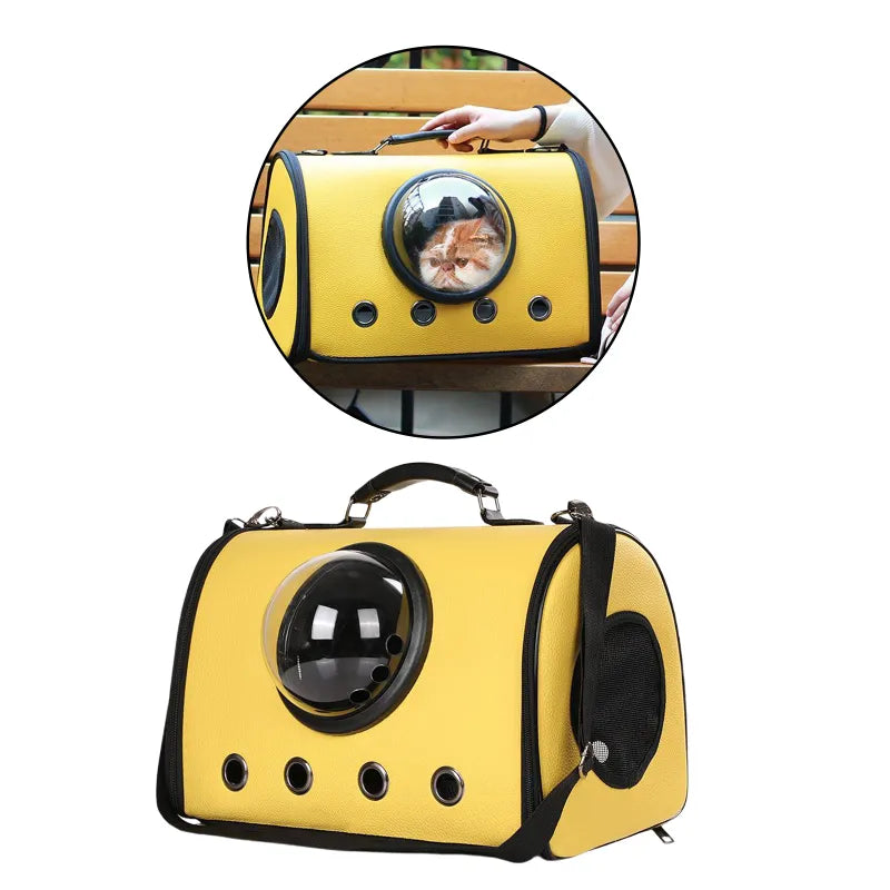 Small dog carrier with a transparent window & mesh ventilation. Excellent for pet travel in cars.
