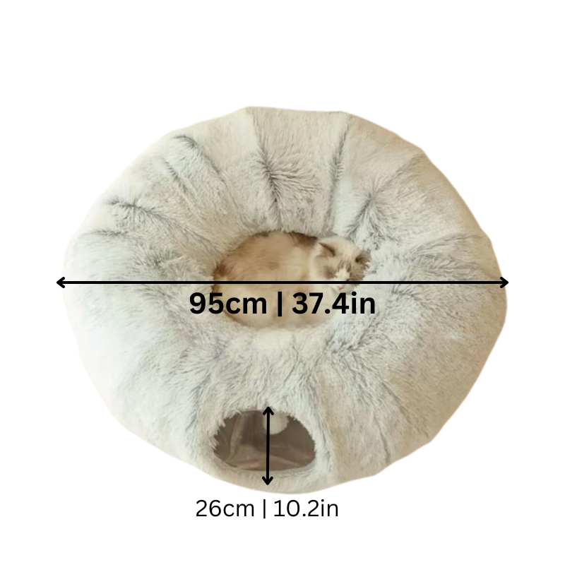 Interactive cat tunnel bed made of soft plush material, featuring a fun toy ball for playtime.