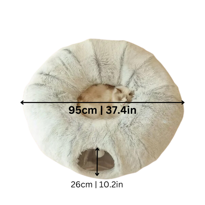 Interactive cat tunnel bed made of soft plush material, featuring a fun toy ball for playtime.