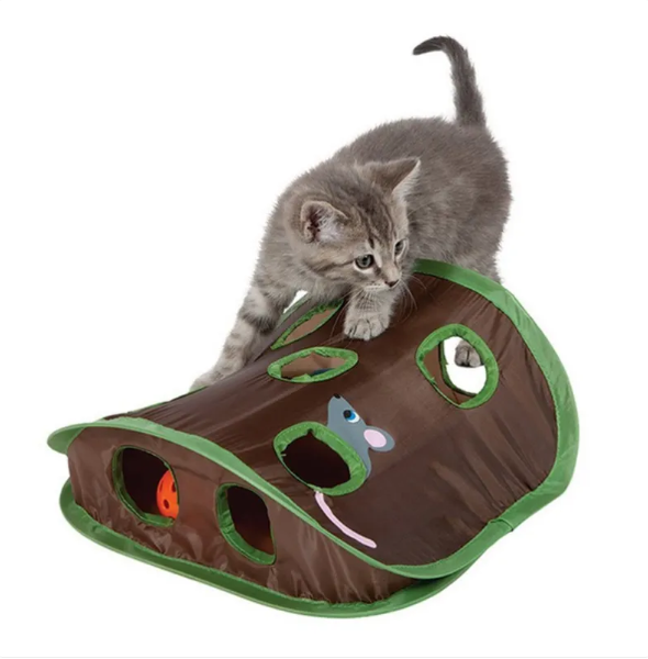 Green interactive cat tent & play cave with hanging toys for feline fun and pet play.