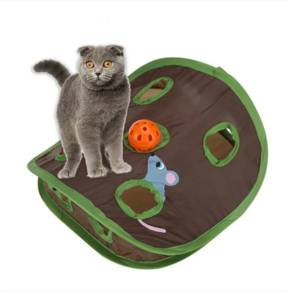 Interactive cat play tent & cave with dangling mice and balls for stimulating pet entertainment.