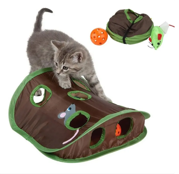 Feline fun in a green cat tent & playhouse, an engaging pet accessory with interactive toys.