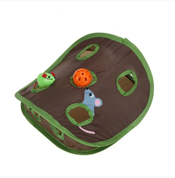 Interactive pet playhouse: Green cat tent with hanging toys, providing endless feline fun.