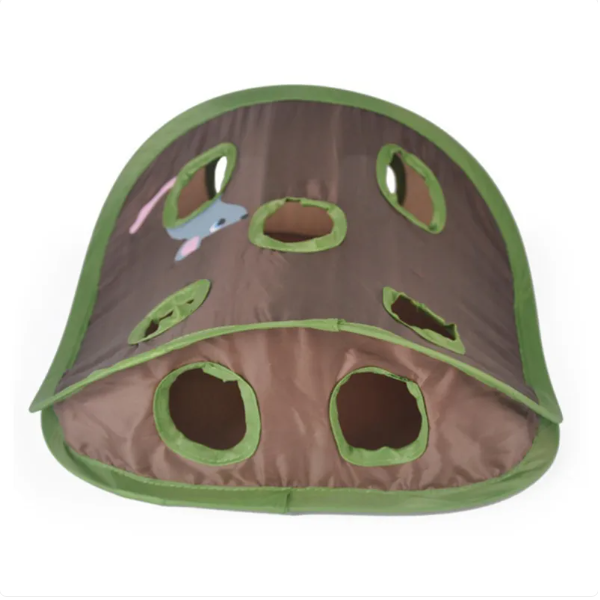 Green cat tent, a fun interactive play cave & toy with engaging mice and balls for feline entertainment.