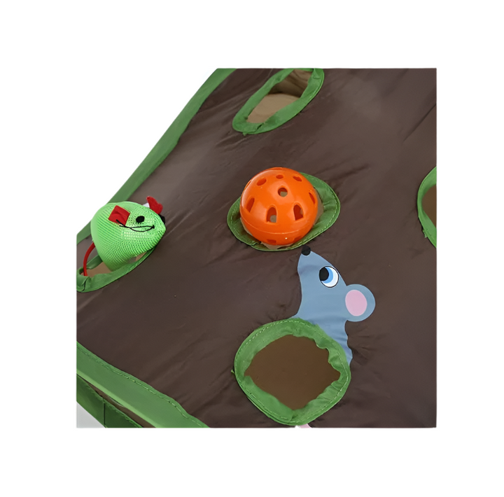 Interactive cat toy: Green pet play tent & cave, stimulating feline fun with attached toys.