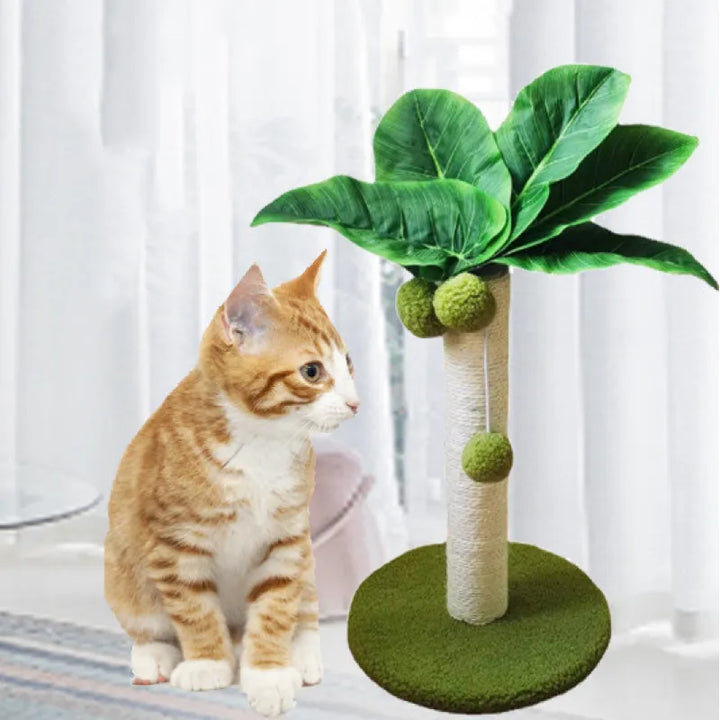 Green palm tree cat scratching post with durable sisal rope & dangling play balls. Perfect pet furniture for claw care.