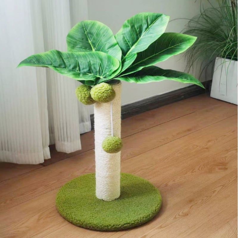 Interactive palm tree cat scratching post. Sisal rope for claw care & fun dangling toys keep cats entertained.