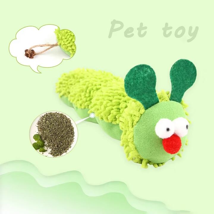Green plush caterpillar catnip toy for felines. Soft, interactive pet accessory for kittens & cats.