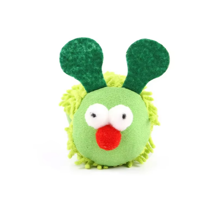 Long green plush catnip caterpillar toy. Soft interactive feline accessory for playful cats & energetic kittens.