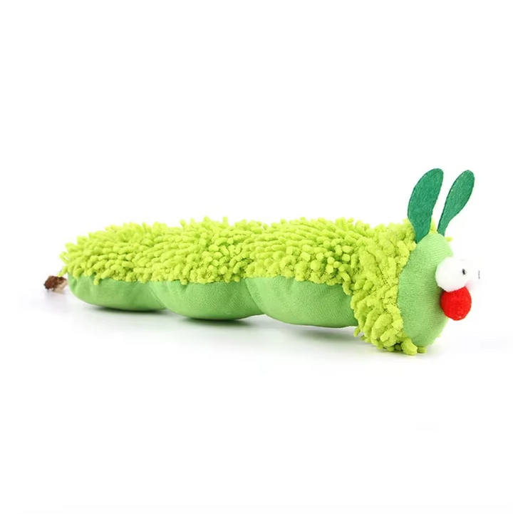 Catnip-filled plush caterpillar toy. Soft green feline accessory, interactive fun for cats & kittens.