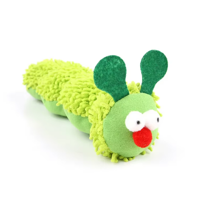 Green plush caterpillar cat toy with catnip. Soft, interactive pet accessory for feline fun and kitten play.