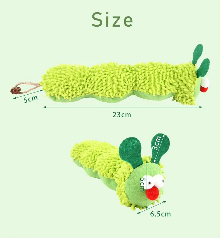 Soft green plush caterpillar cat toy filled with catnip. Ideal interactive feline accessory for playful pets.