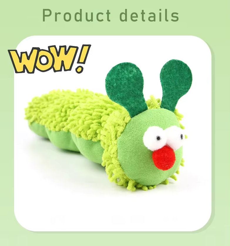 Interactive plush caterpillar catnip toy. Green, soft feline accessory perfect for playful cats & kittens.