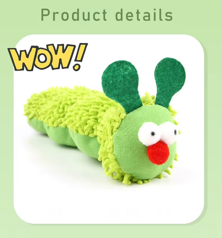 Interactive plush caterpillar catnip toy. Green, soft feline accessory perfect for playful cats & kittens.