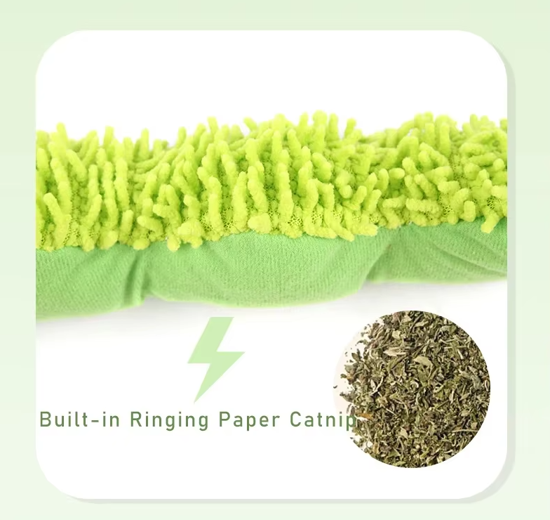 Playful green caterpillar catnip toy for cats. Soft plush feline accessory, perfect for hours of interactive fun.