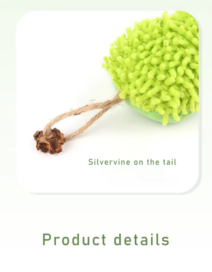 Catnip plush caterpillar cat toy. Soft green interactive feline accessory for playful pets and kittens.