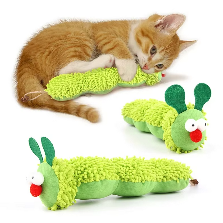 Soft green plush caterpillar catnip toy. Engaging interactive feline accessory for happy cats and kittens.