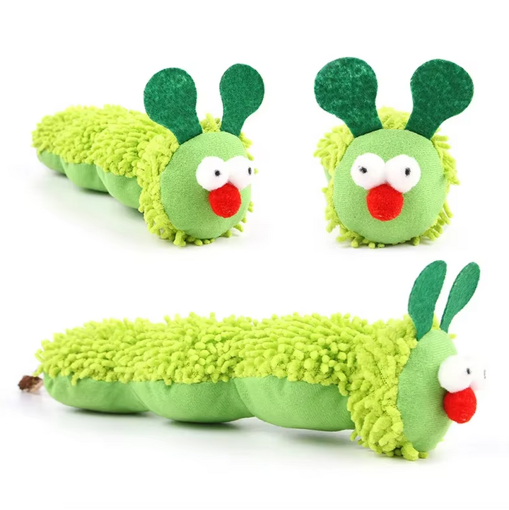 Vibrant green plush caterpillar catnip toy. Engaging interactive feline accessory for active cats & kittens.
