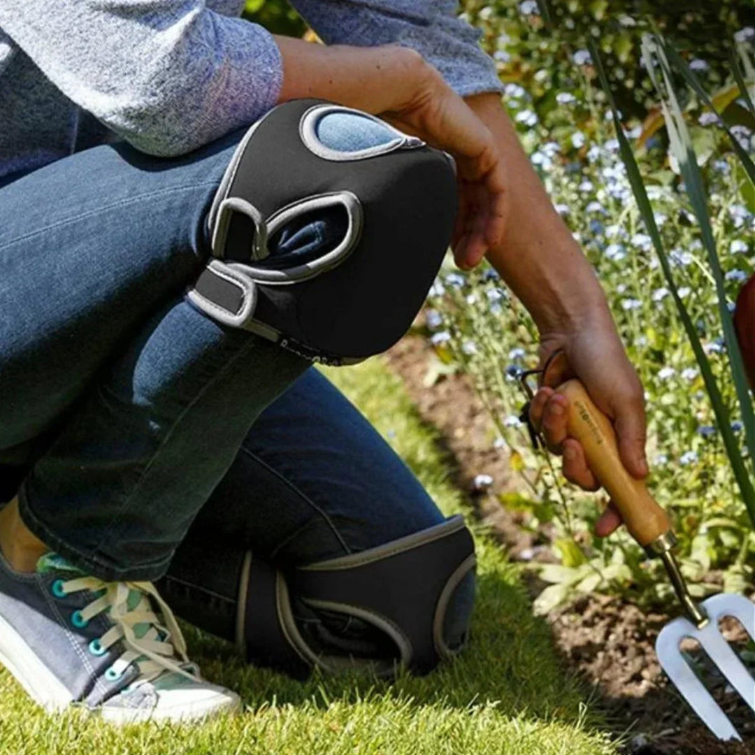Gardener wearing green ergonomic knee pads, kneeling comfortably for planting with superior knee protection.