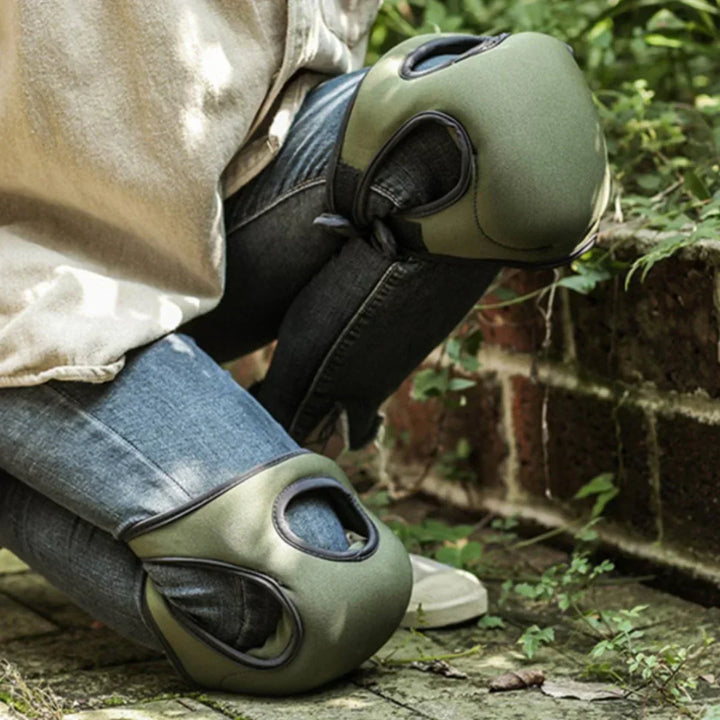 Black, green, & purple ergonomic knee pads for gardening, offering extra cushioning & unisex knee protection.