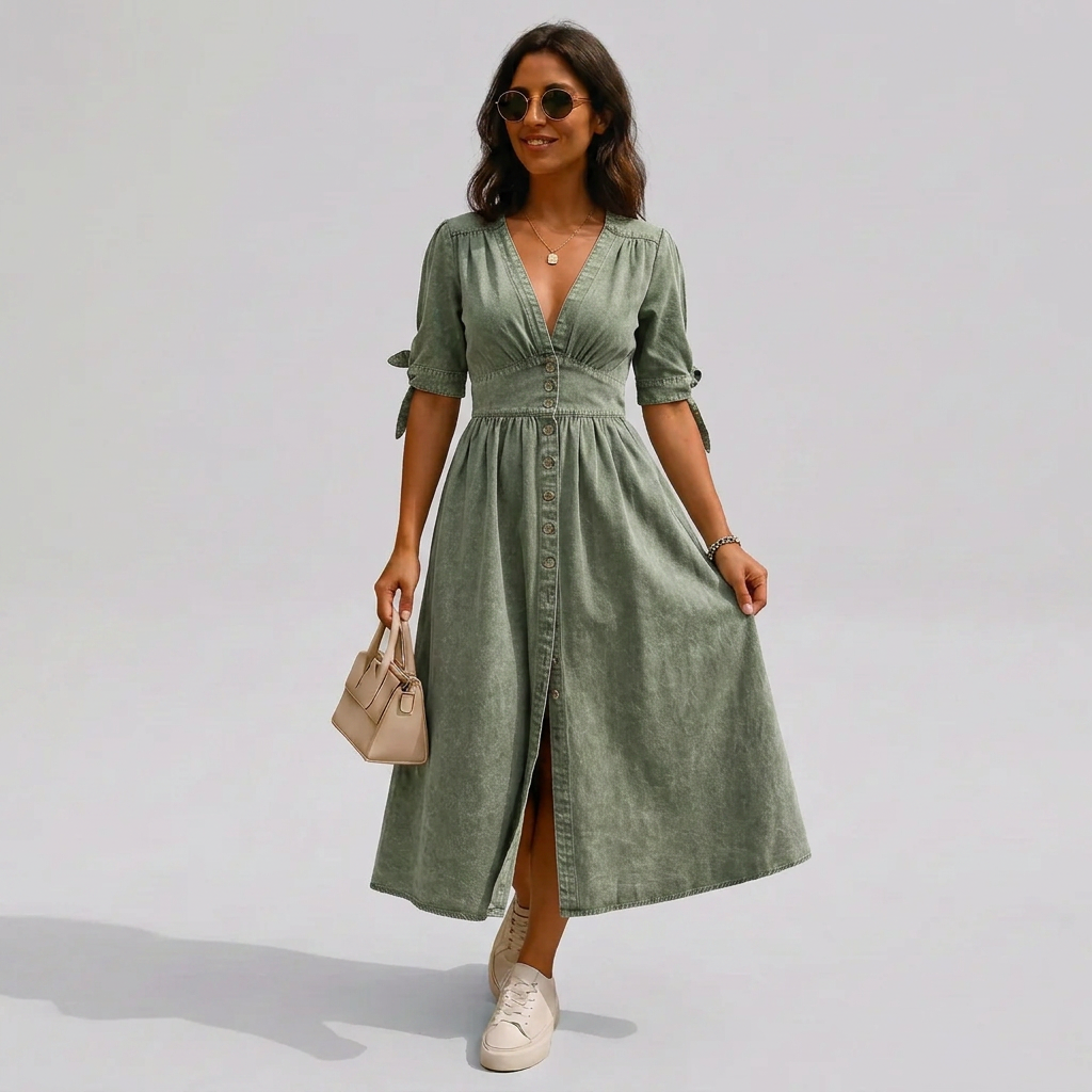 Green women's button-front v-neck midi dress with stylish tie-sleeves, perfect for summer casual wear.