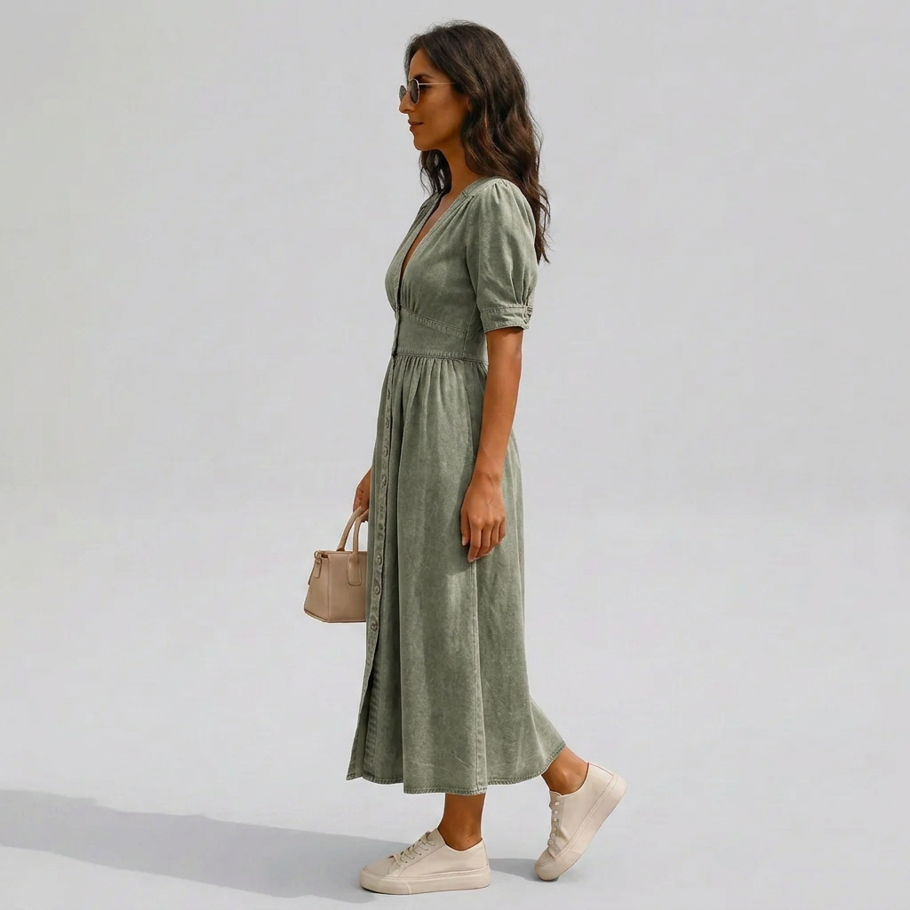 Elegant pink women's v-neck midi dress with button front and chic tie sleeves, versatile for any occasion.