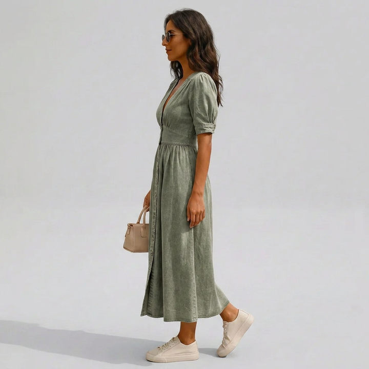 Elegant pink women's v-neck midi dress with button front and chic tie sleeves, versatile for any occasion.