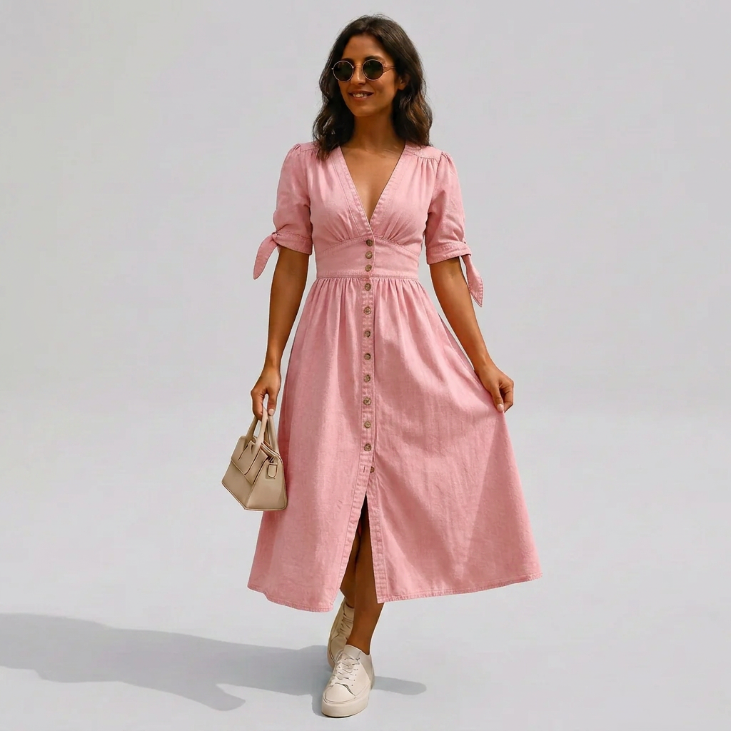 Brown A-line women's midi dress featuring a v-neck, full button-front, and fashionable tie-sleeves.