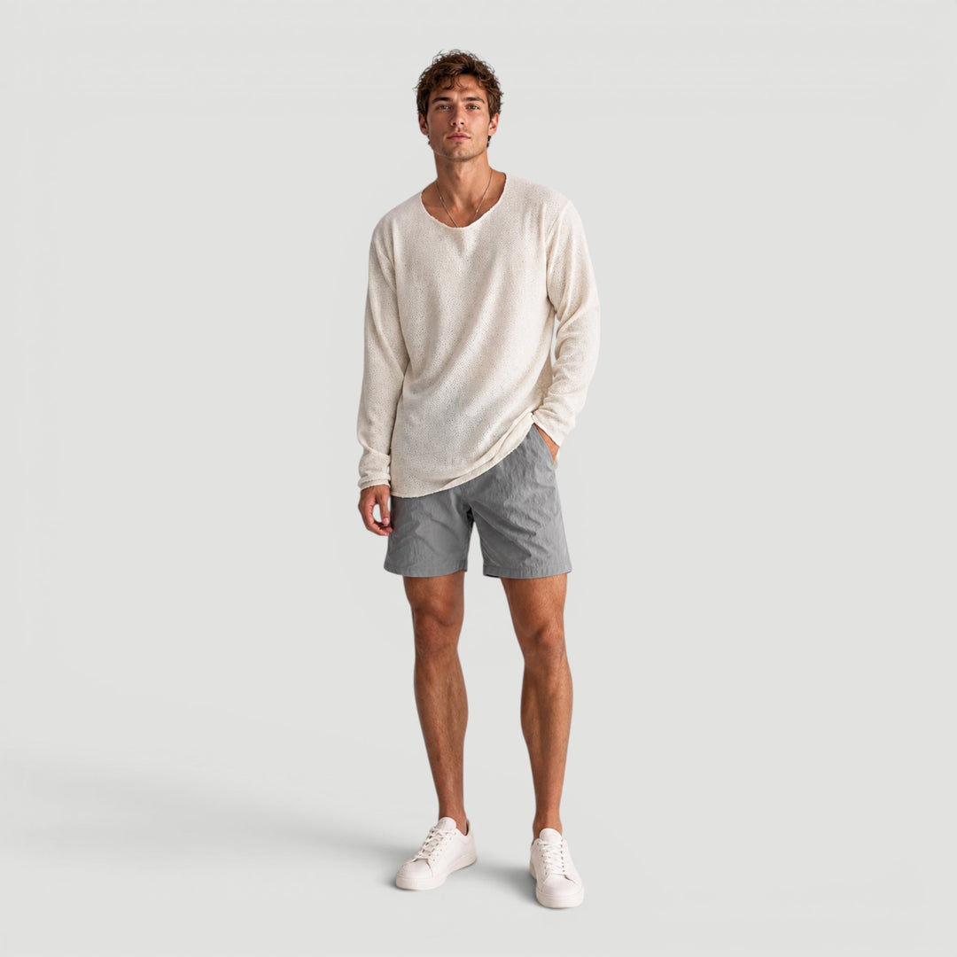 Grey men's relaxed fit long sleeve shirt, comfortable & breathable for all-season casual wear.