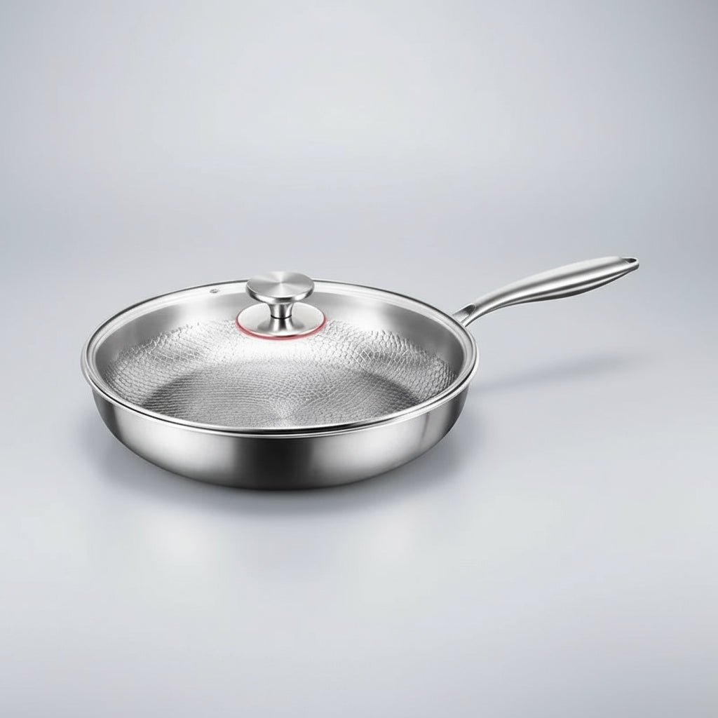 Hammered titanium frying pan for induction cooktops. Durable and versatile kitchen skillet.