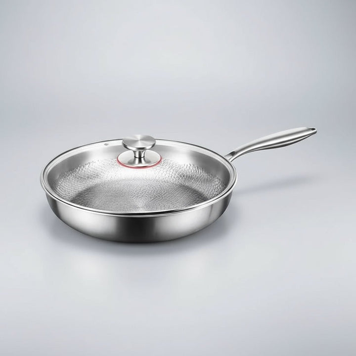 Hammered titanium frying pan for induction cooktops. Durable and versatile kitchen skillet.