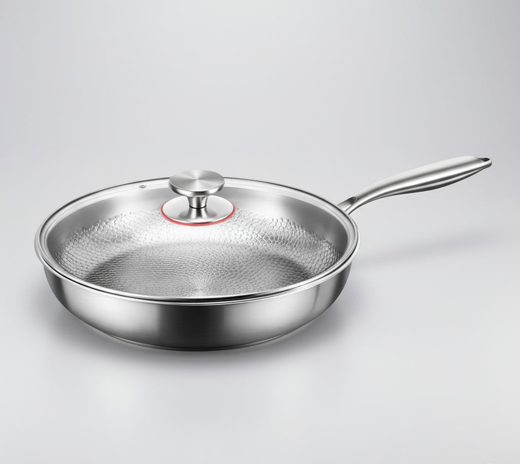Versatile hammered titanium skillet for induction cookers. A premium, durable metal pan.