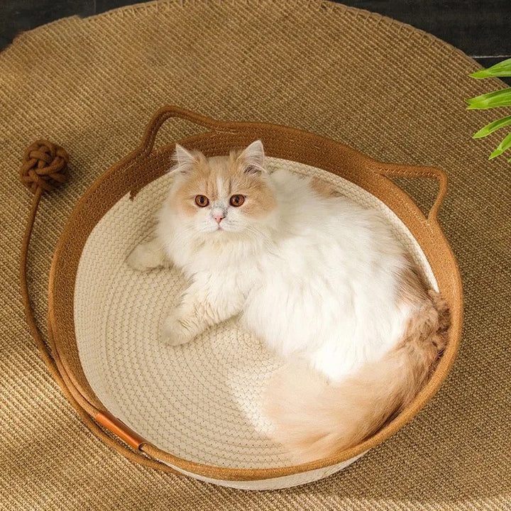 Modern cat bed crafted from natural cotton rope for stylish feline comfort.