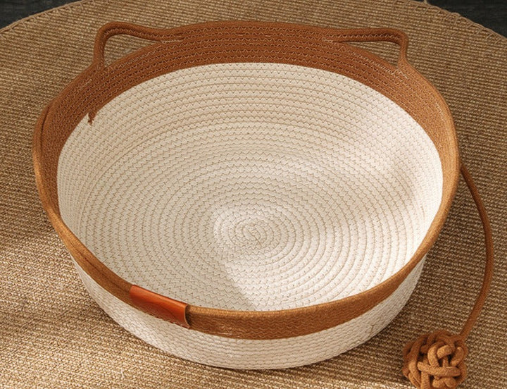 Round cotton rope cat bed designed for scratching, napping, and lounging.